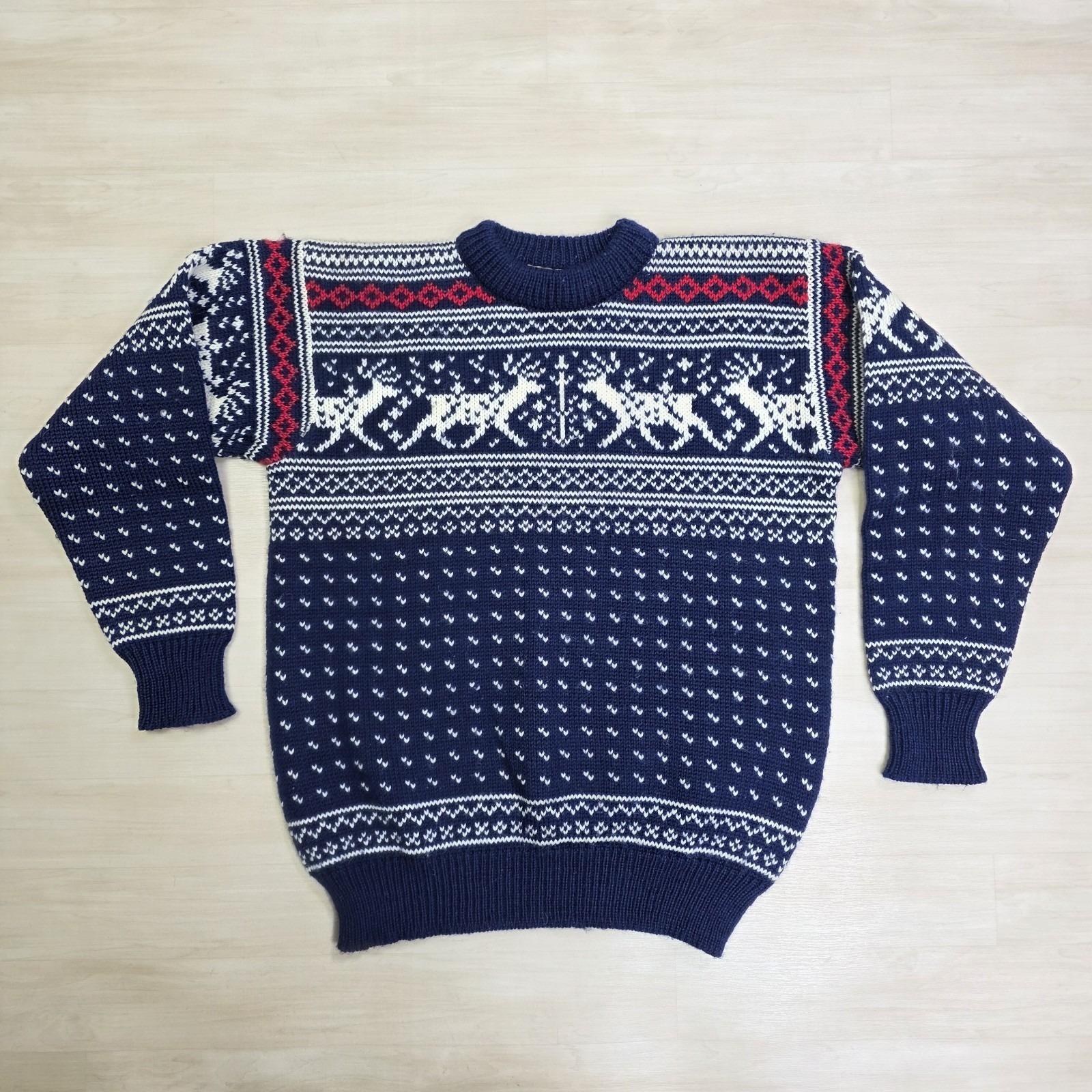 Vintage Ll Bean Nordic Reindeer Fair Isle Wool Knit Norway Sweater Size Medium